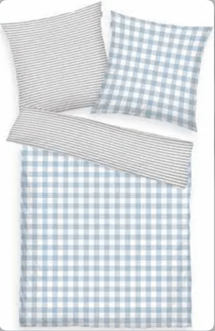 2 x Tom Tailor Wendebettwäsche „Karo & Streifen“ 155x220 4-teilig, Baumwoll-Flanell, Grau & Blau